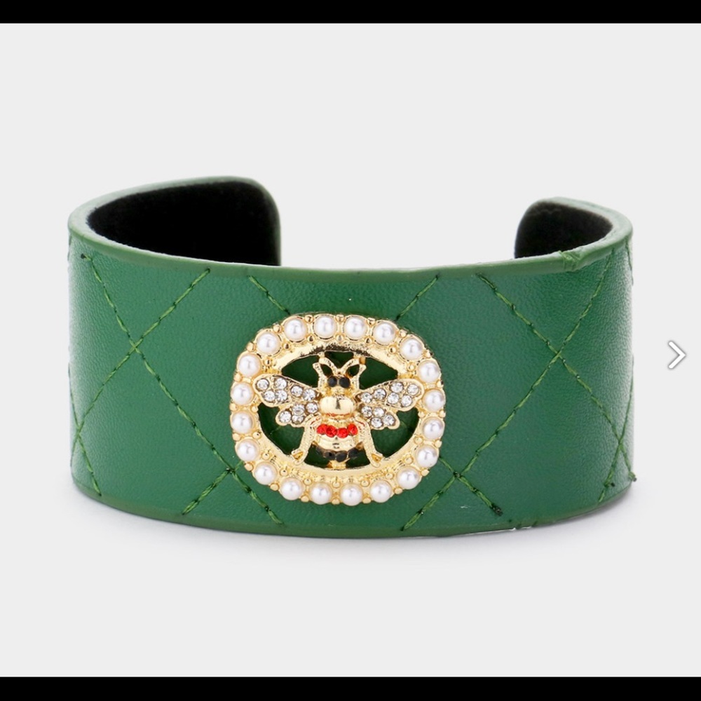 Green Pearl Trimmed Rhinestone Honey Bee Accented Faux Leather Cuff Bracelet